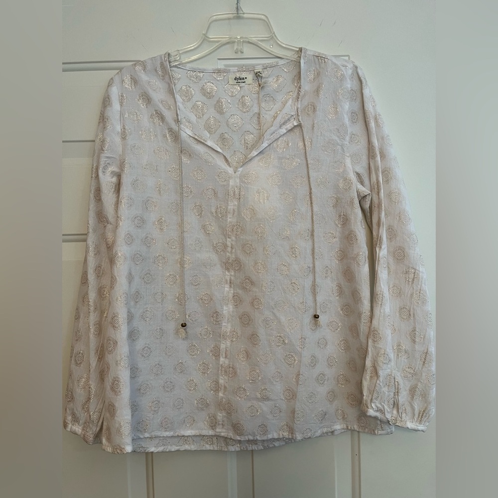 New Dylan long sleeve ivory and gold metallic boho pull over 100% cotton shirt